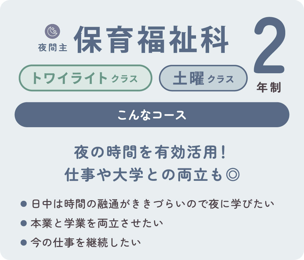 夜間主、保育福祉科2年制。トワイライトクラス、土曜クラス。こんなコース、夜の時間を有効活用。仕事や大学との両立もできる。日中は時間の融通がききづらいので夜に学びたい。本業と学業を両立させたい。今の仕事を継続したい。