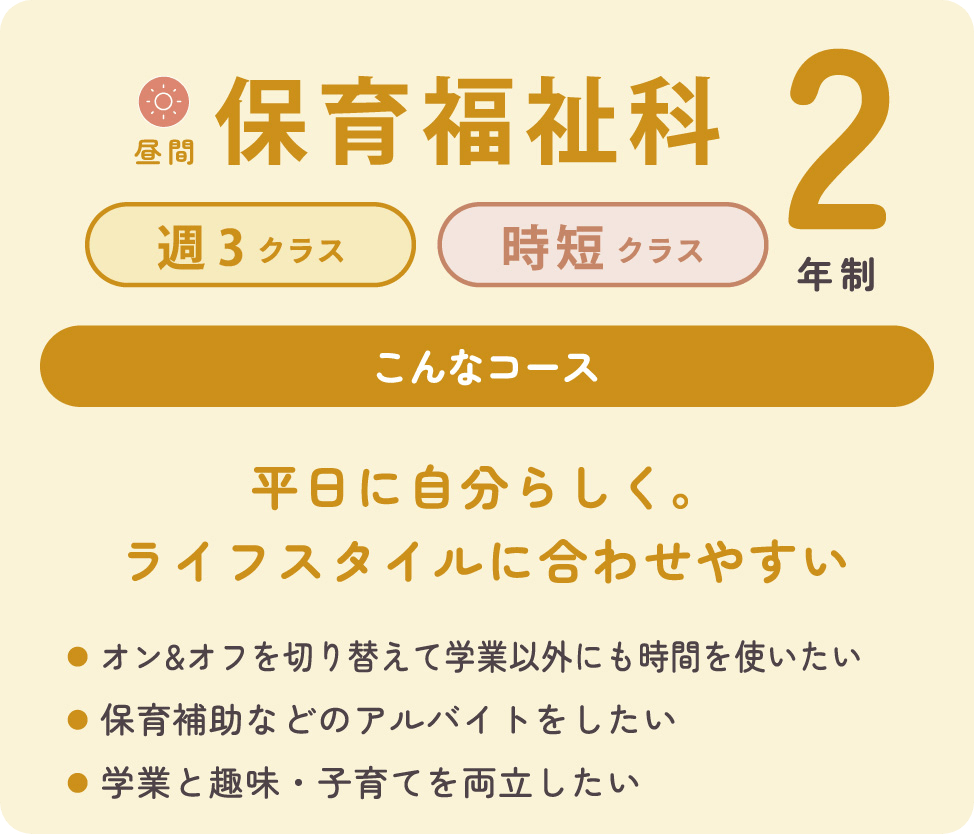 昼間、保育福祉科2年制。週3クラス、時短クラス。こんなコース、平日に自分らしくライフスタイルに合わせやすい。オン&オフを切り替えて学業以外にも時間を使いたい。保育補助などのアルバイトをしたい。学業と趣味・子育てを両立したい。