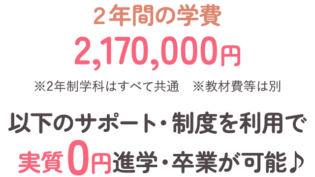 2年間の学費2,170,000円※2年制学科は全て共通。※教材費等は別。以下のサポート・制度を利用で実質0円進学・卒業が可能。